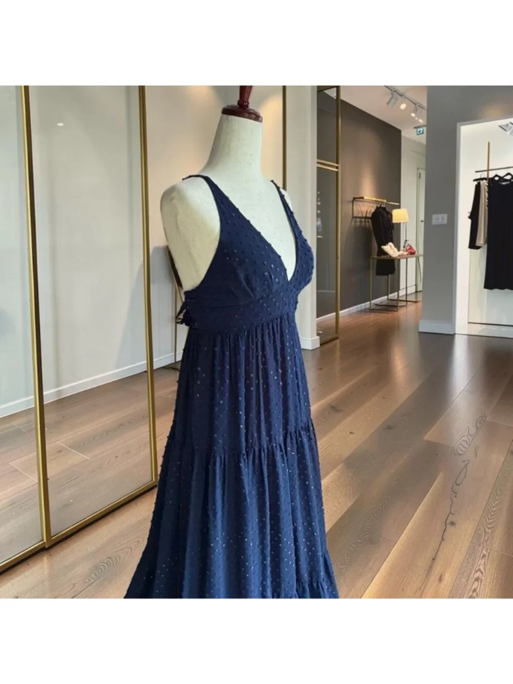 Le Superbe Starry Night Navy Blue Metallic Swiss Dot Tiered Maxi Dress Size 8 - Picture 3 of 10
